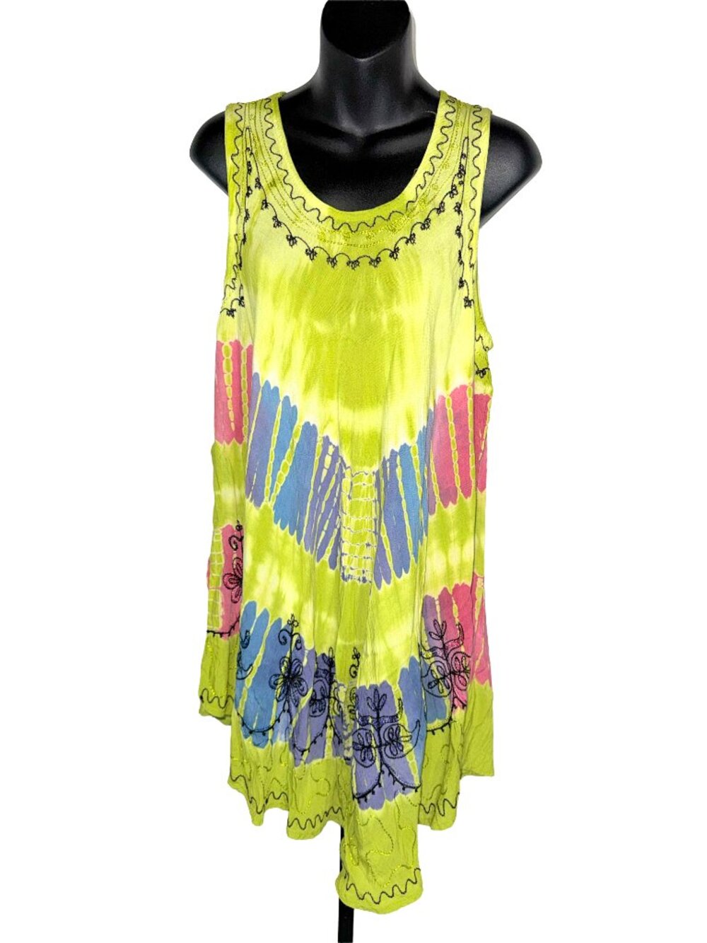 Asymmetrical Tie-Dye Green, Pink, Blue & Purple Tank Hippie Dress Size Large/XL